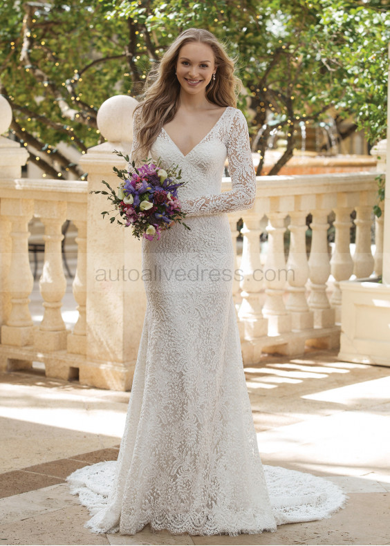 Long Sleeve V Neck Ivory Lace V Back Wedding Dress Long Sleeve V Neck Ivory Lace V Back Wedding Dress